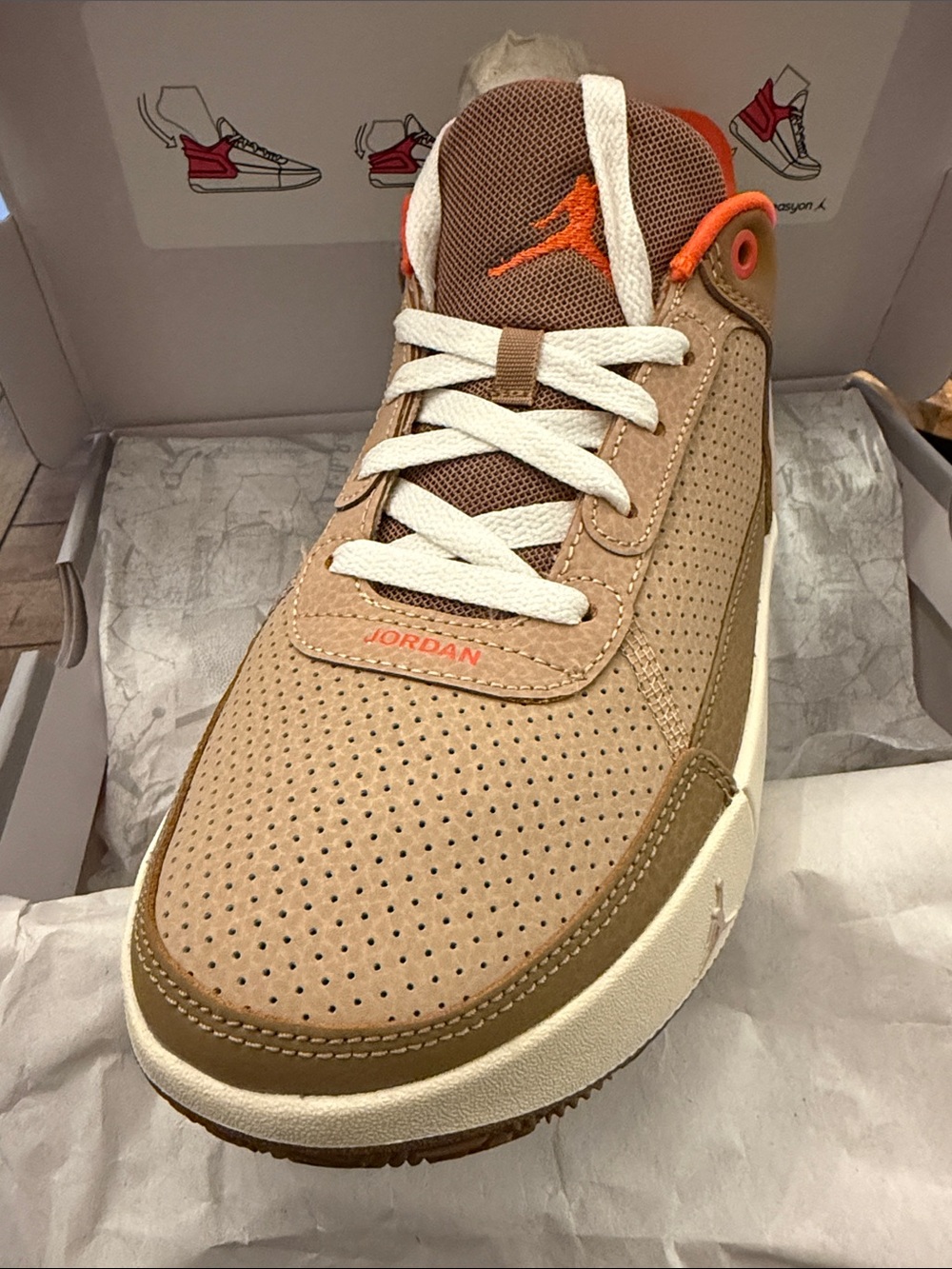 Jordan Day 1 Beige and Orange Perforated Leather Sneakers. New